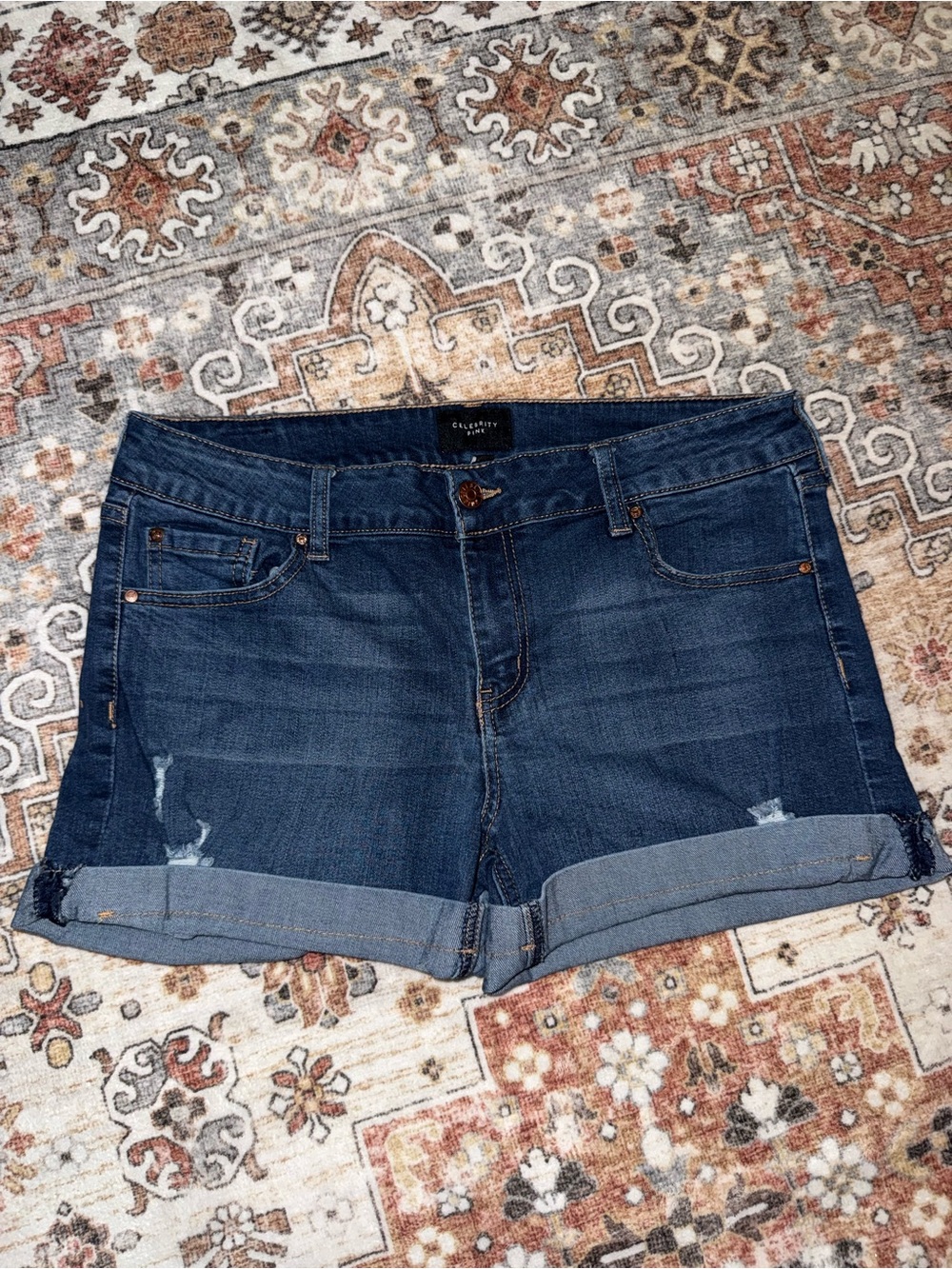 Celebrity Pink Dark Blue Rolled Hem Denim Shorts